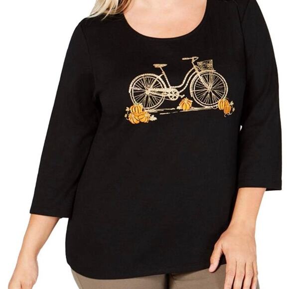 Karen Scott Plus 3/4 sleeves embroidered T-shirt-0X - Picture 1 of 3
